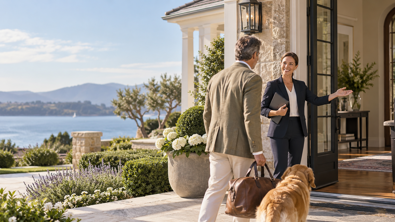 Illustration of a house manager welcoming a homeowner and his dog at a coastal residence
