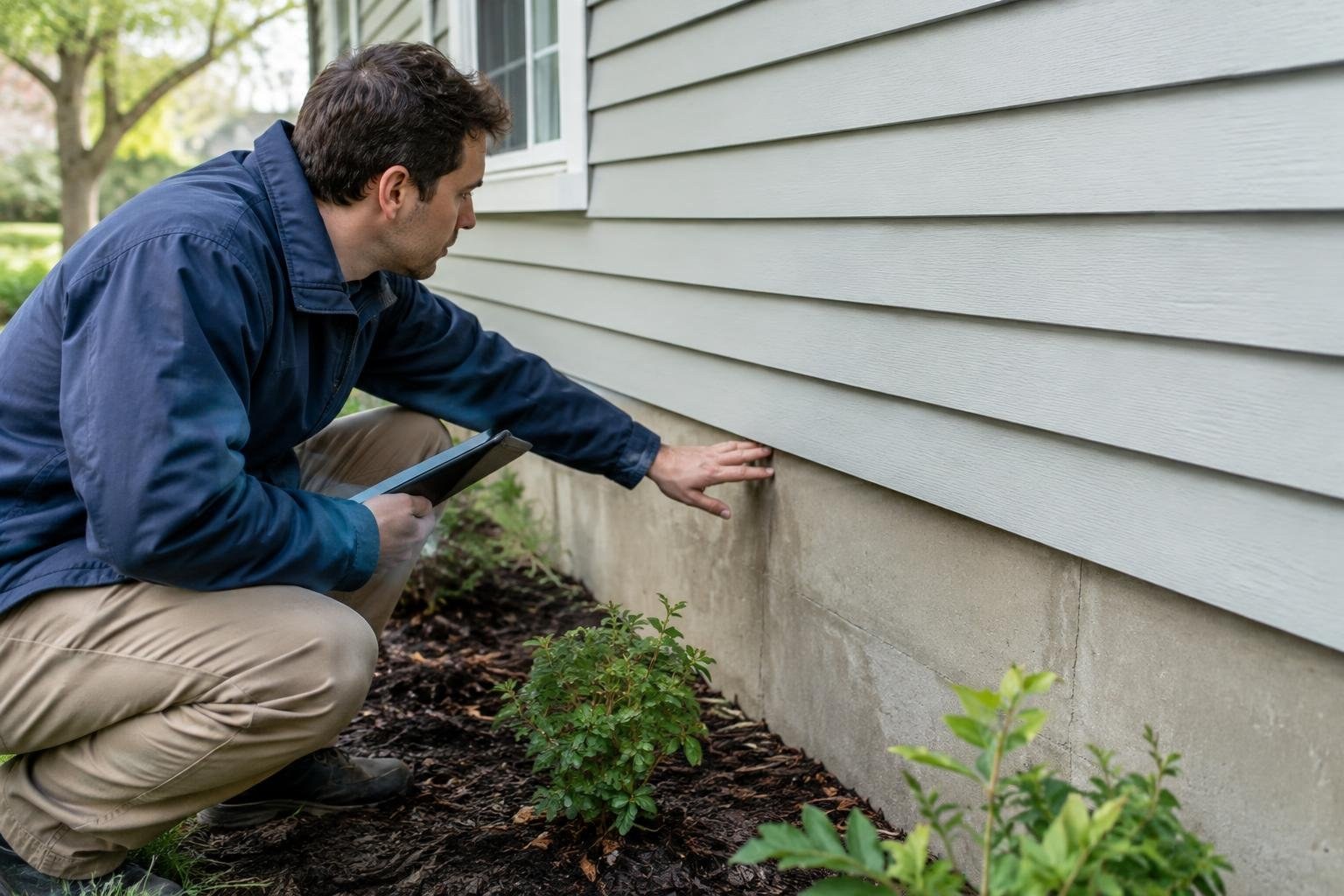 A practical five-year home maintenance inspection A crouching man holds a tablet and examines the siding and foundation of a house, touching the wall beside a garden bed.