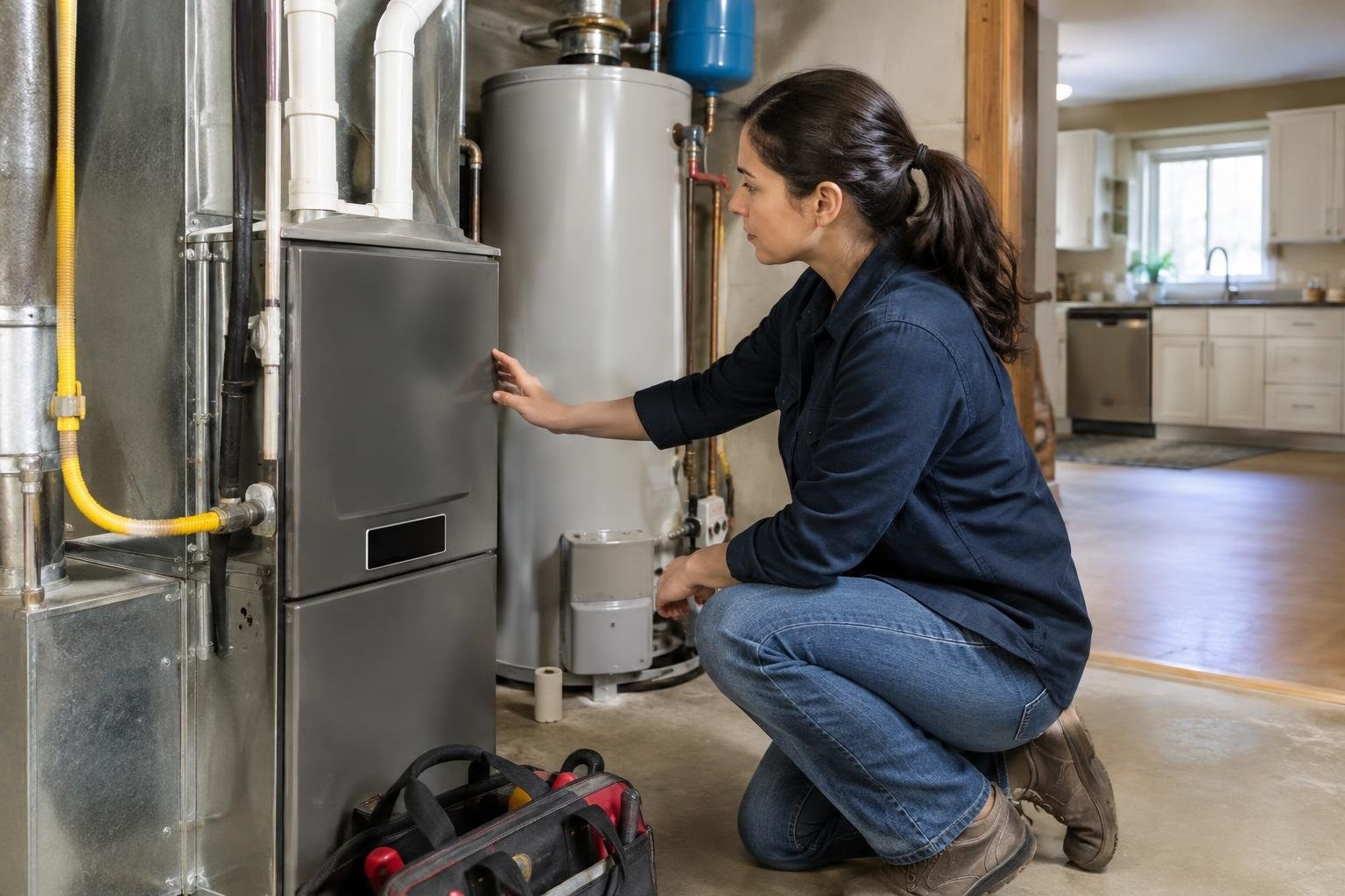 A woman kneels beside a furnace in a utility room, reaching toward its front panel, with pipes, a water heater and a tool bag nearby.