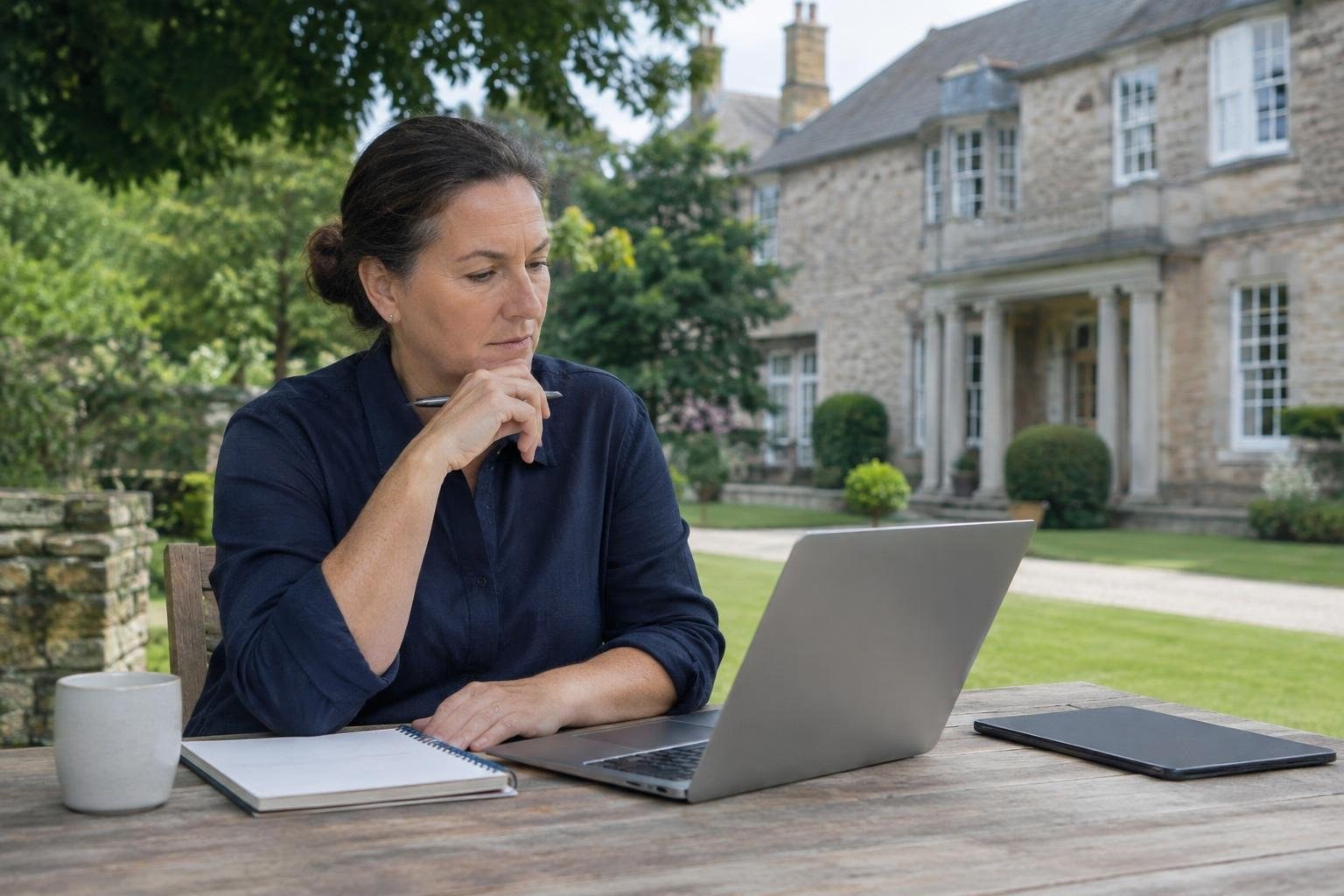 A woman sits at a wooden outdoor table, thoughtfully looking at an open laptop while holding a pen; a notebook, cup, and tablet sit nearby, with a stone house and garden behind her.