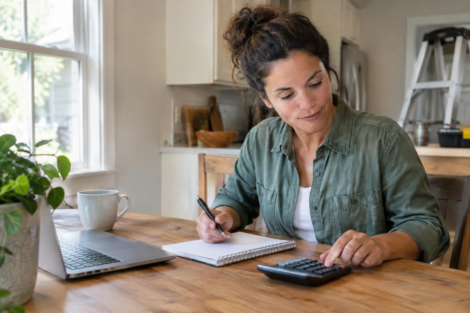 Homeowner organizing a home maintenance budget A woman sits at a wooden table in a bright kitchen, writing in a spiral notebook while using a calculator, with a laptop and mug nearby.