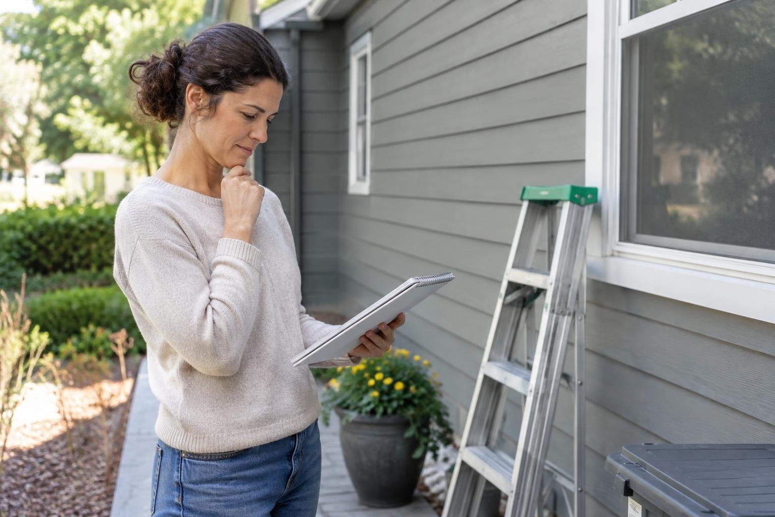 A woman holding a clipboard thoughtfully examines the exterior of a gray house beside a window, with a ladder and potted flowers nearby.