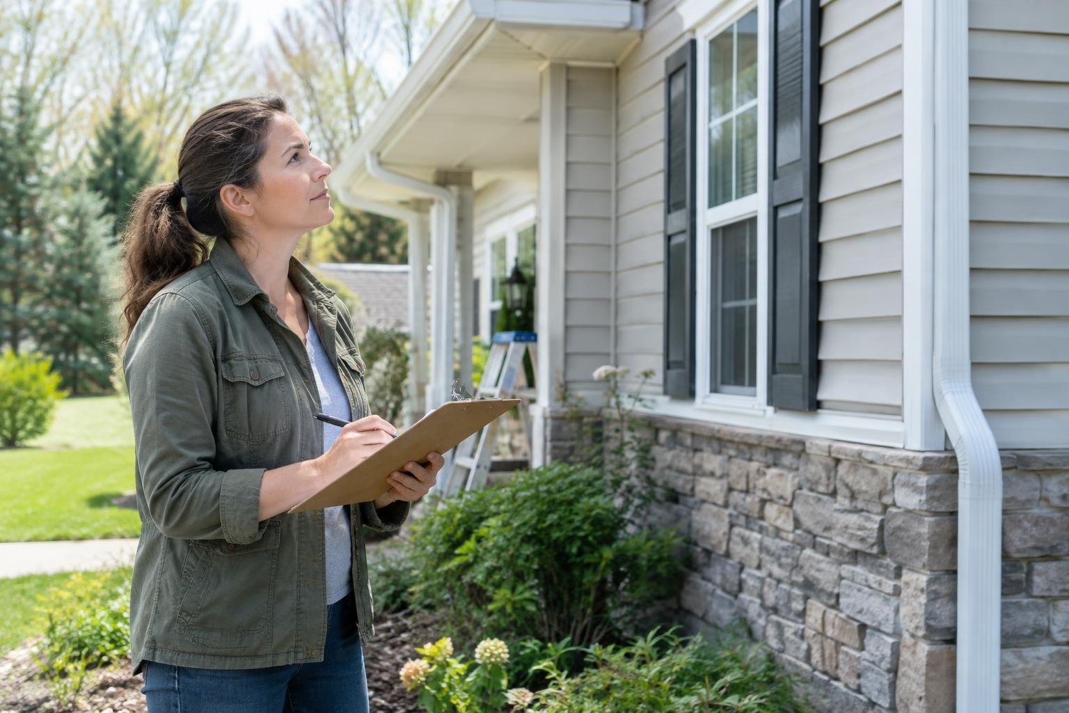 A woman holds a clipboard and pen while looking up at the windows and siding of a house, with shrubs and lawn nearby.