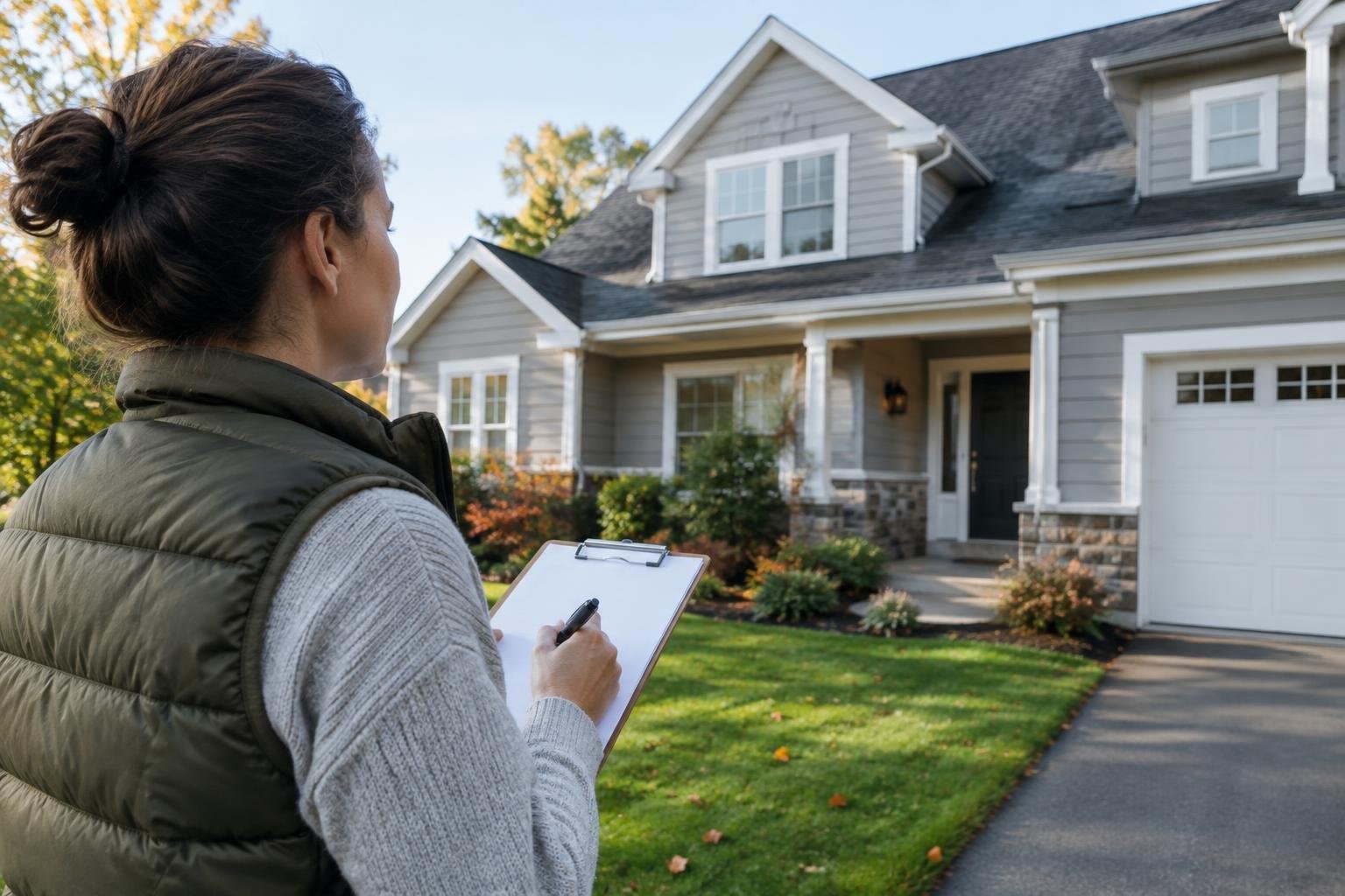 A homeowner with a checklist and a clear view of the home's exterior A woman holding a clipboard and pen looks toward a large gray house with white trim, a front porch, and an attached garage.