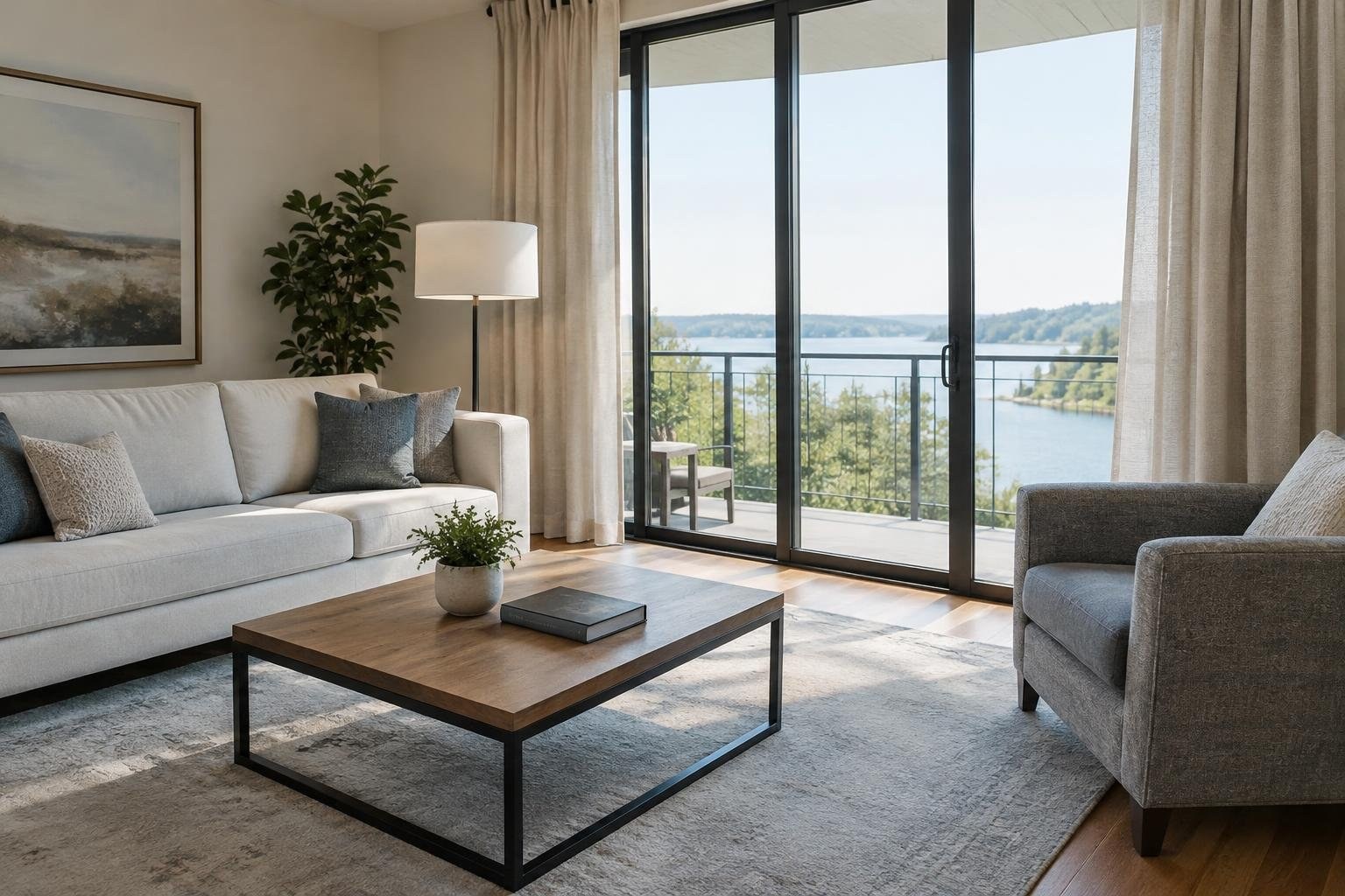 A homeowner preparing a residence-management plan A bright living room with a pale sofa, gray armchair and wooden coffee table faces sliding glass doors opening onto a balcony with a view of a lake and wooded shore.