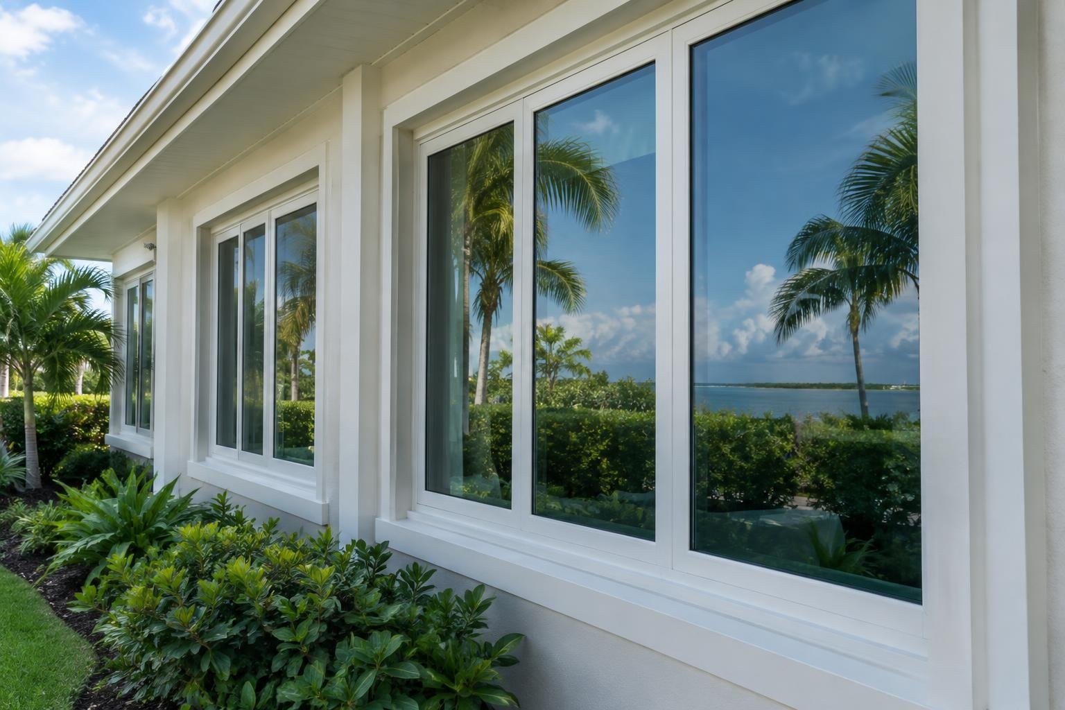 White-framed windows line a modern white house beside lush shrubs, reflecting palm trees, blue sky, and a calm body of water.