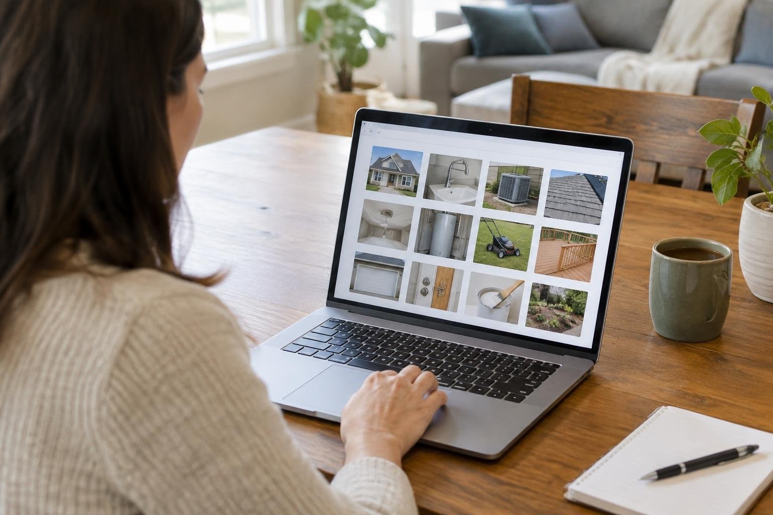 A simple home maintenance record system displayed on a laptop A woman sits at a wooden table, browsing a grid of home and household images on a laptop in a bright living room.