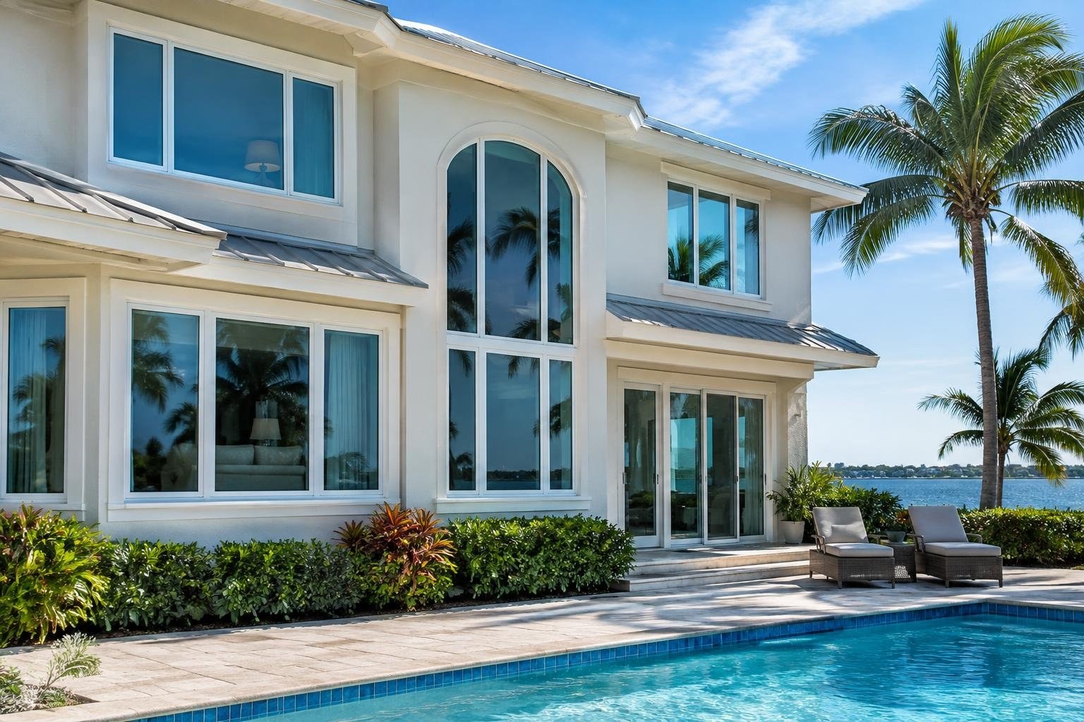 A coastal Florida home showing several installed window styles A white two-story house with large windows overlooks a swimming pool and waterfront, with palm trees, shrubs, and two lounge chairs on the patio.