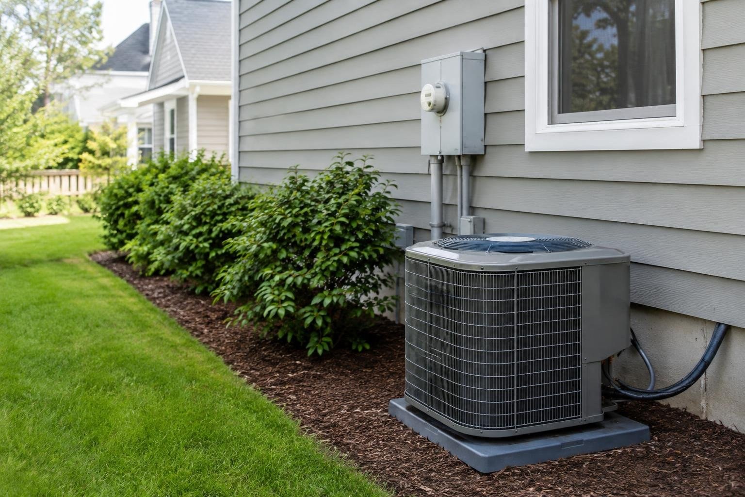 An outdoor air-conditioning unit sits beside a gray-sided house, with shrubs along a mulched bed and a green lawn.