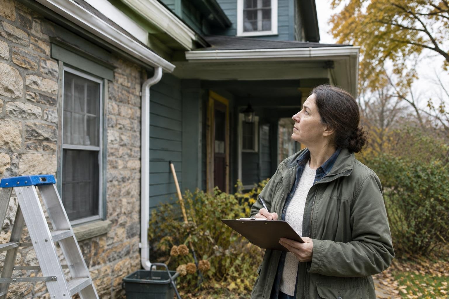 A woman holding a clipboard and pen looks up at the exterior of a stone-and-siding house, with a ladder beside the wall and autumn trees nearby.