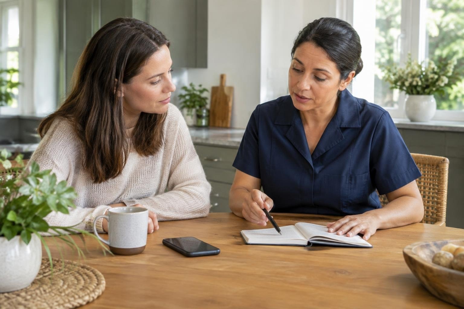 Two women sit at a wooden table in a bright kitchen; one points to an open notebook while the other watches, with a mug and phone nearby.
