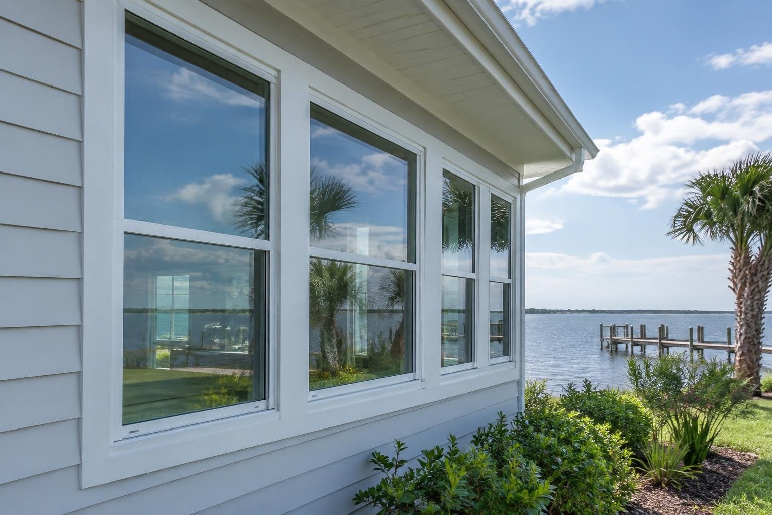 A white-sided house with large windows stands beside a calm body of water, with a wooden dock, palm trees, and landscaped greenery under a partly cloudy sky.