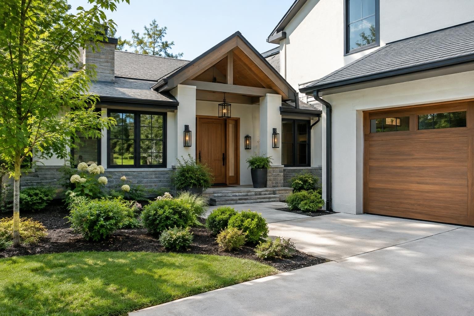 A white house with a wooden front door and garage, stone steps, large windows, and landscaped flower beds beside a concrete driveway.