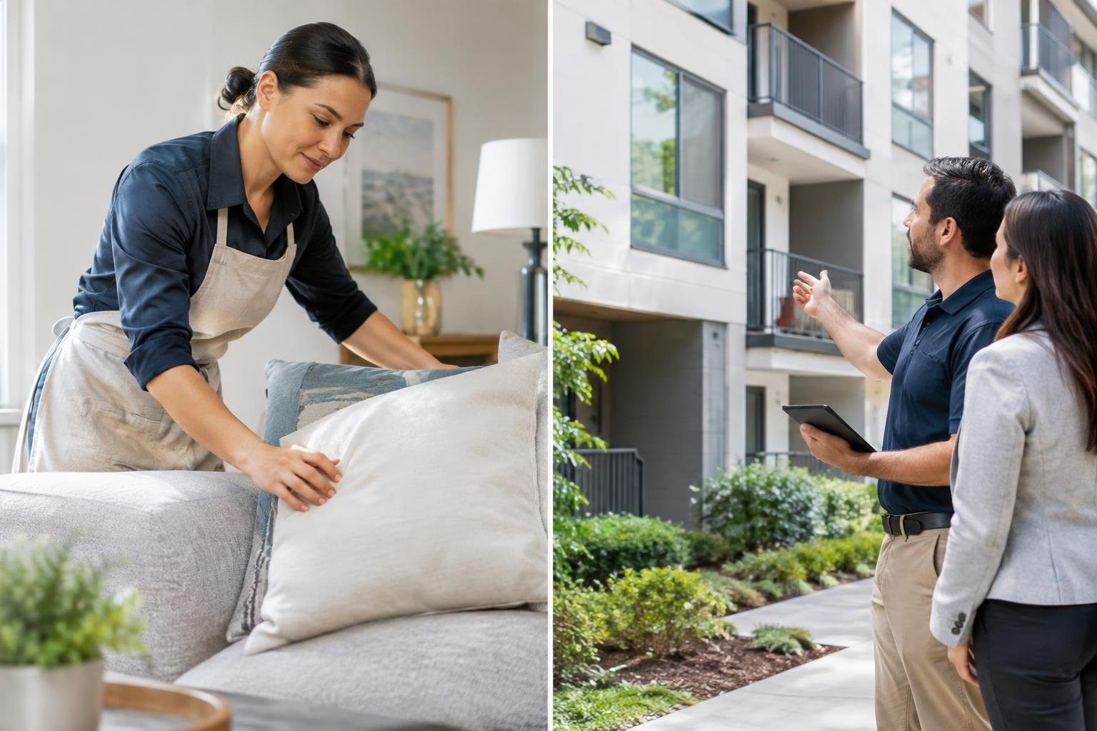 House manager and property management company responsibilities side by side A woman arranges cushions on a sofa indoors; beside her, a man holding a tablet gestures toward an apartment building while a woman stands next to him.