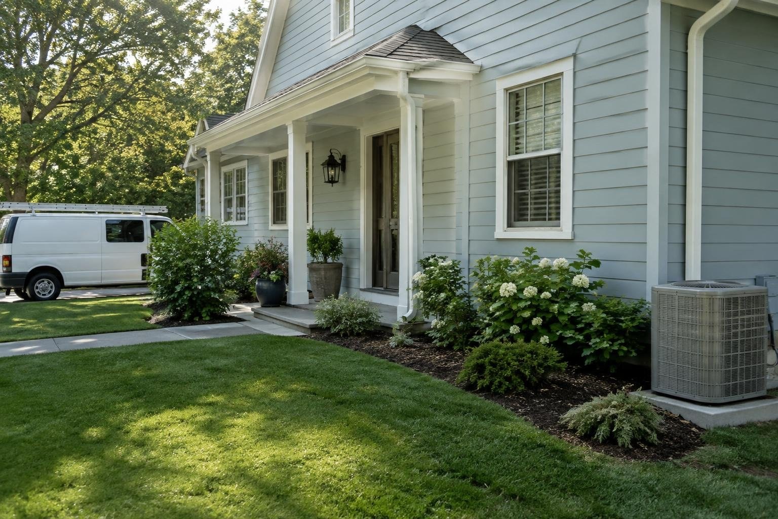 A house manager and homeowner reviewing a calendar, service notes, and provider contact list A light blue house with a covered front porch and flower beds stands beside a green lawn; a white van is parked nearby and an outdoor air-conditioning unit sits beside the house.