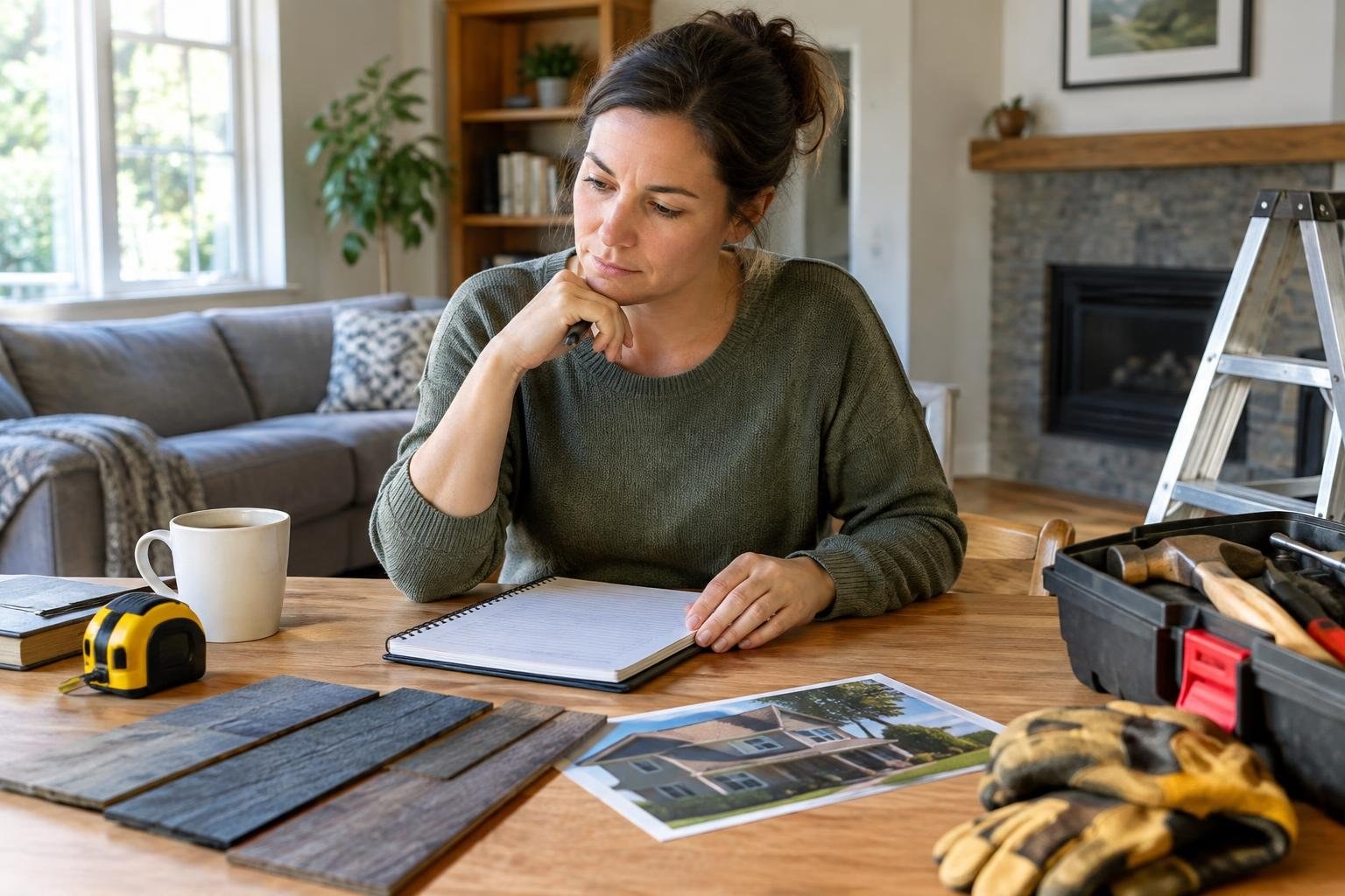 A woman studies an open notebook at a wooden table with wood samples, house photographs, a tape measure, gloves and a toolbox; a sofa, fireplace and ladder are visible behind her.