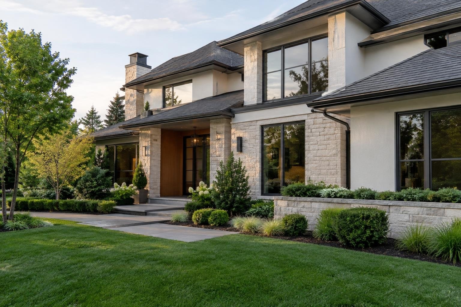 A large modern two-story house with pale stone walls, dark shingle roofs and tall windows stands behind a landscaped lawn, shrubs and trees.
