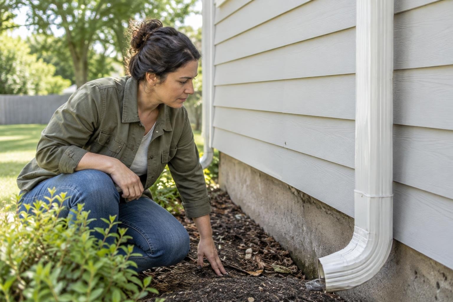 A homeowner reviewing common maintenance points around a house A woman crouches beside a house, pointing at the ground near a white downspout and its outlet in a mulched garden bed.