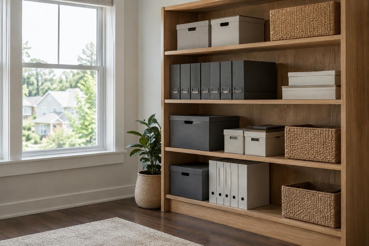 A wooden shelving unit holds neatly arranged storage boxes, binders, and woven baskets beside a large window, with a potted plant on the floor.