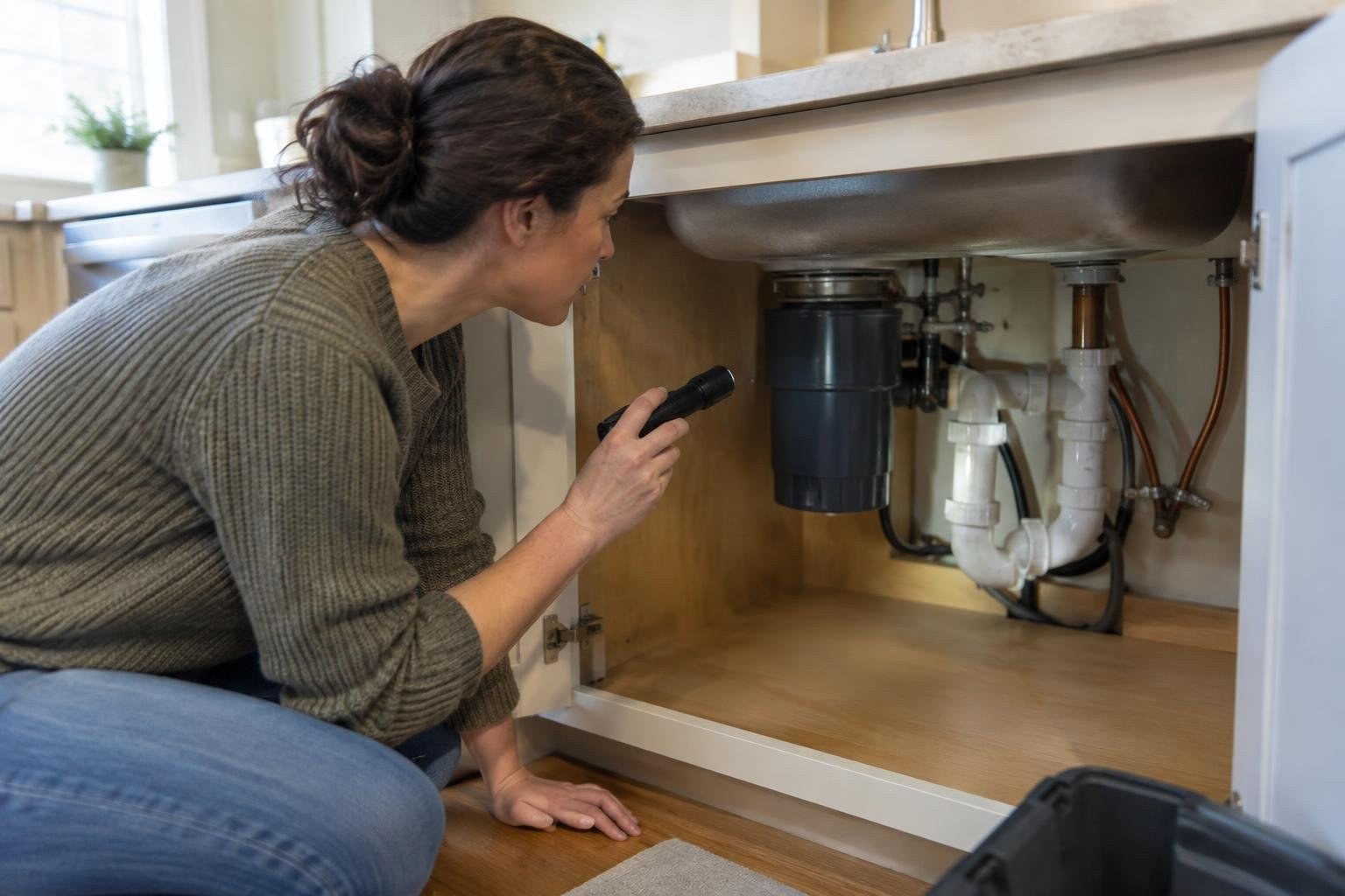 A woman kneels beside an open kitchen sink cabinet, shining a flashlight toward the pipes and drain underneath the sink.