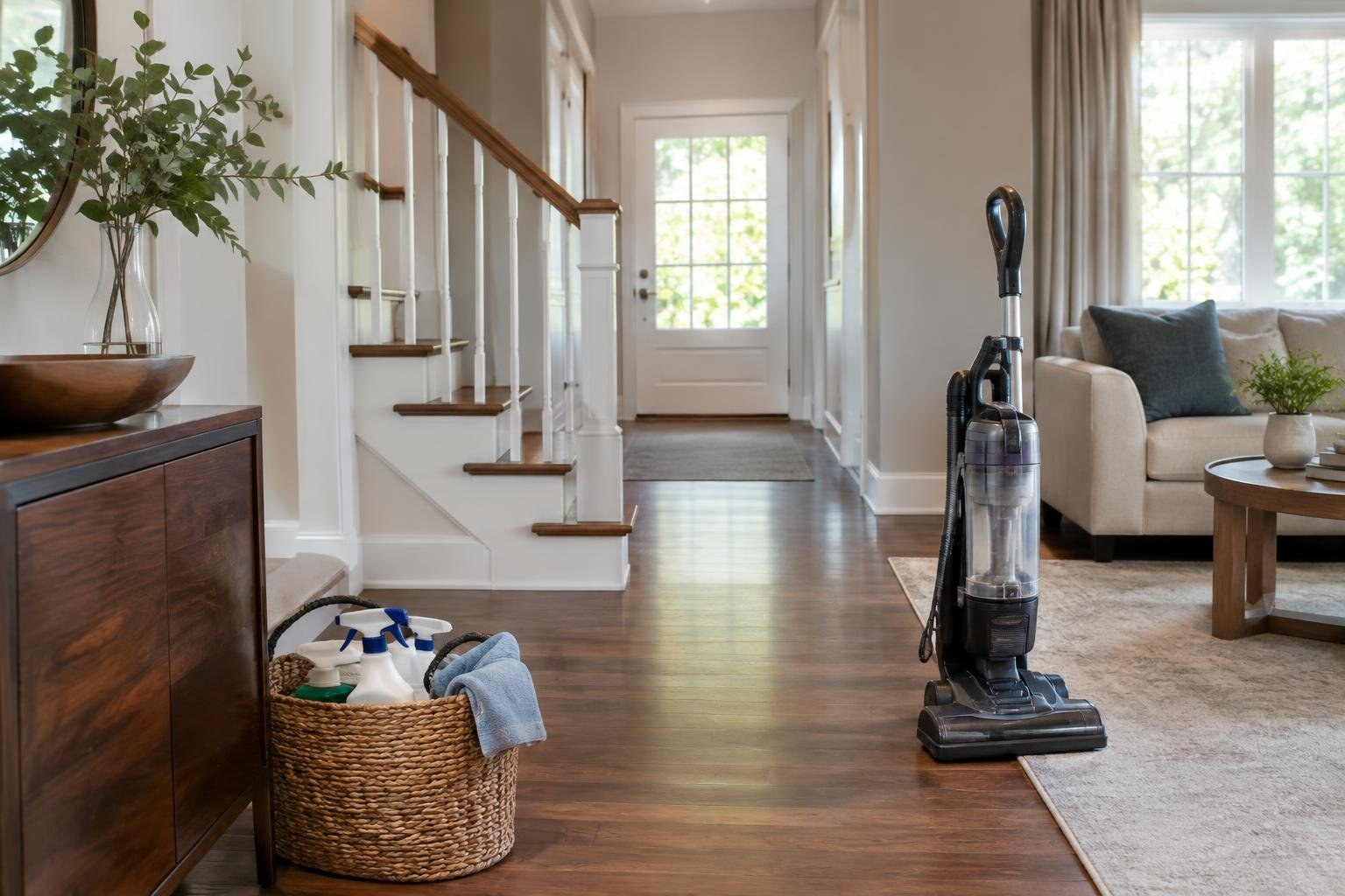 A homeowner and prospective house manager discussing a written list of household responsibilities A vacuum cleaner stands on the wood floor beside a living room rug, with a basket of cleaning supplies in the foreground and a staircase, front door, and sofa behind it.