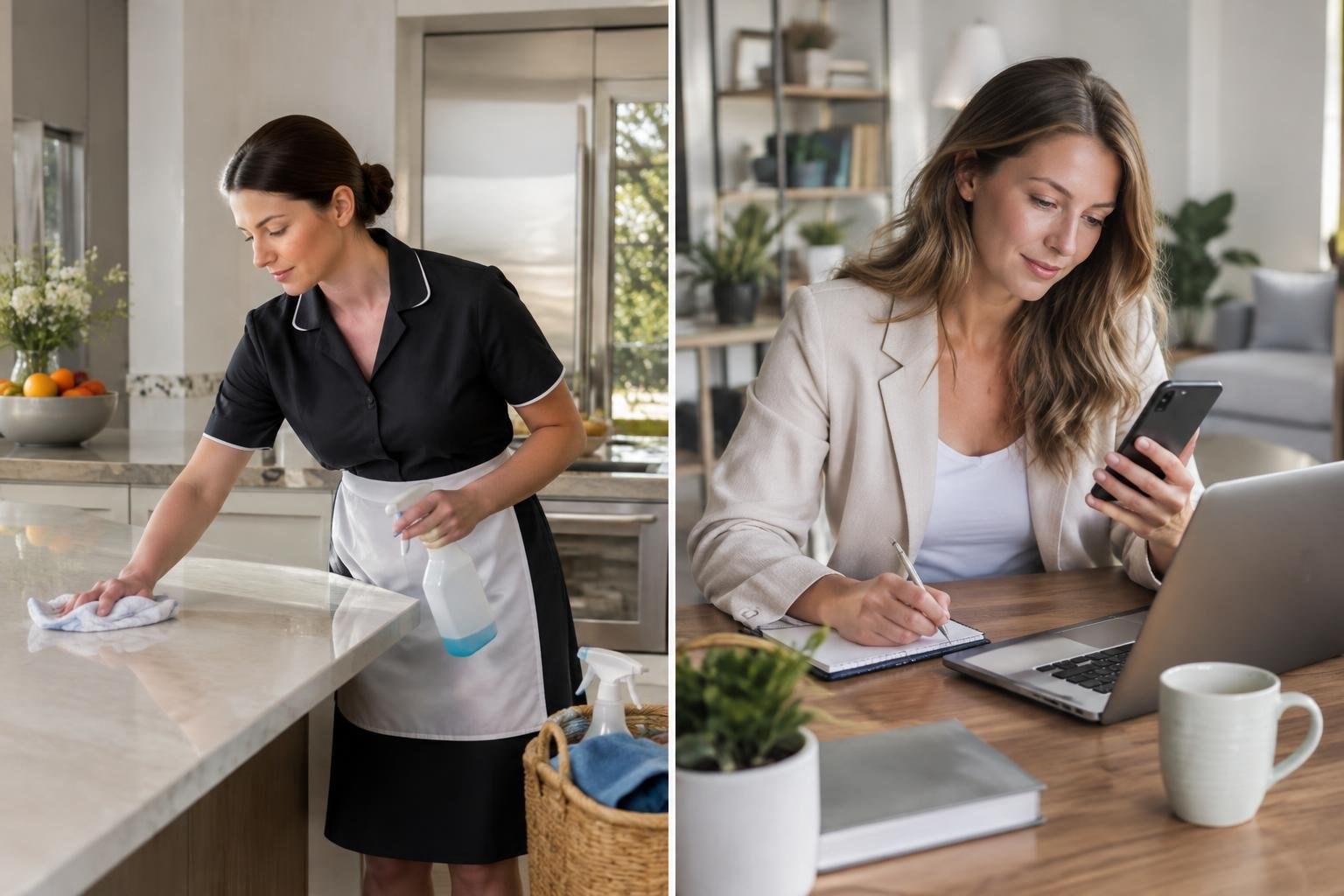A split image shows a woman wiping a kitchen counter on the left and another woman writing in a notebook while looking at a phone beside a laptop on the right.