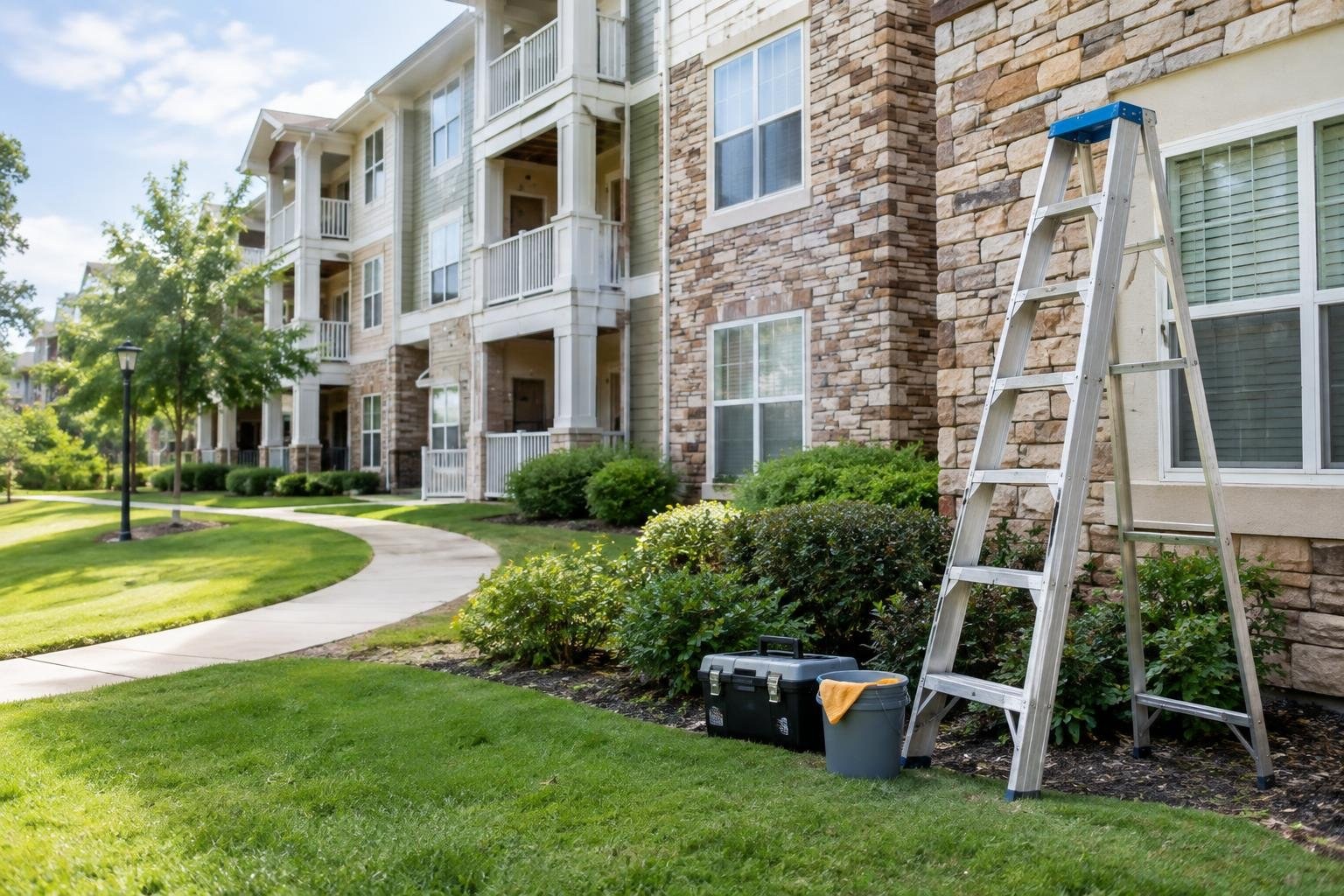 A simple three-category annual maintenance budget worksheet A tall aluminum ladder, toolbox, and bucket stand beside a stone-faced apartment building, with shrubs, a lawn, and a curved sidewalk in front.