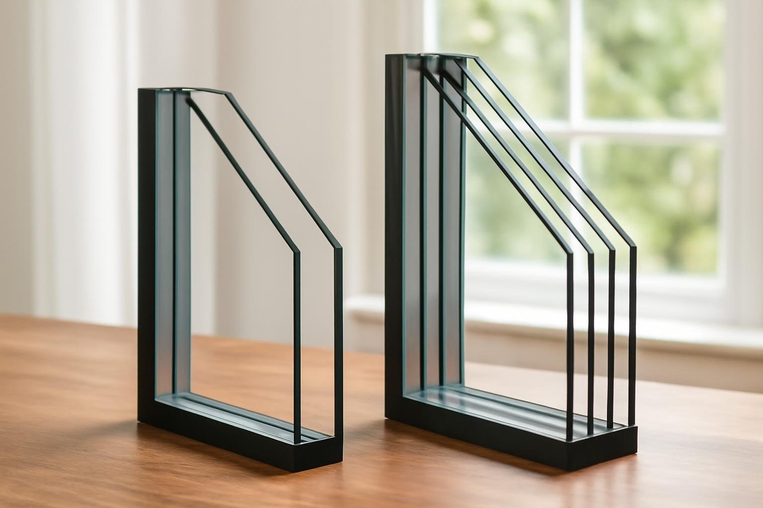Cross-section comparison showing two glass panes and one insulating space versus three glass panes and two insulating spaces