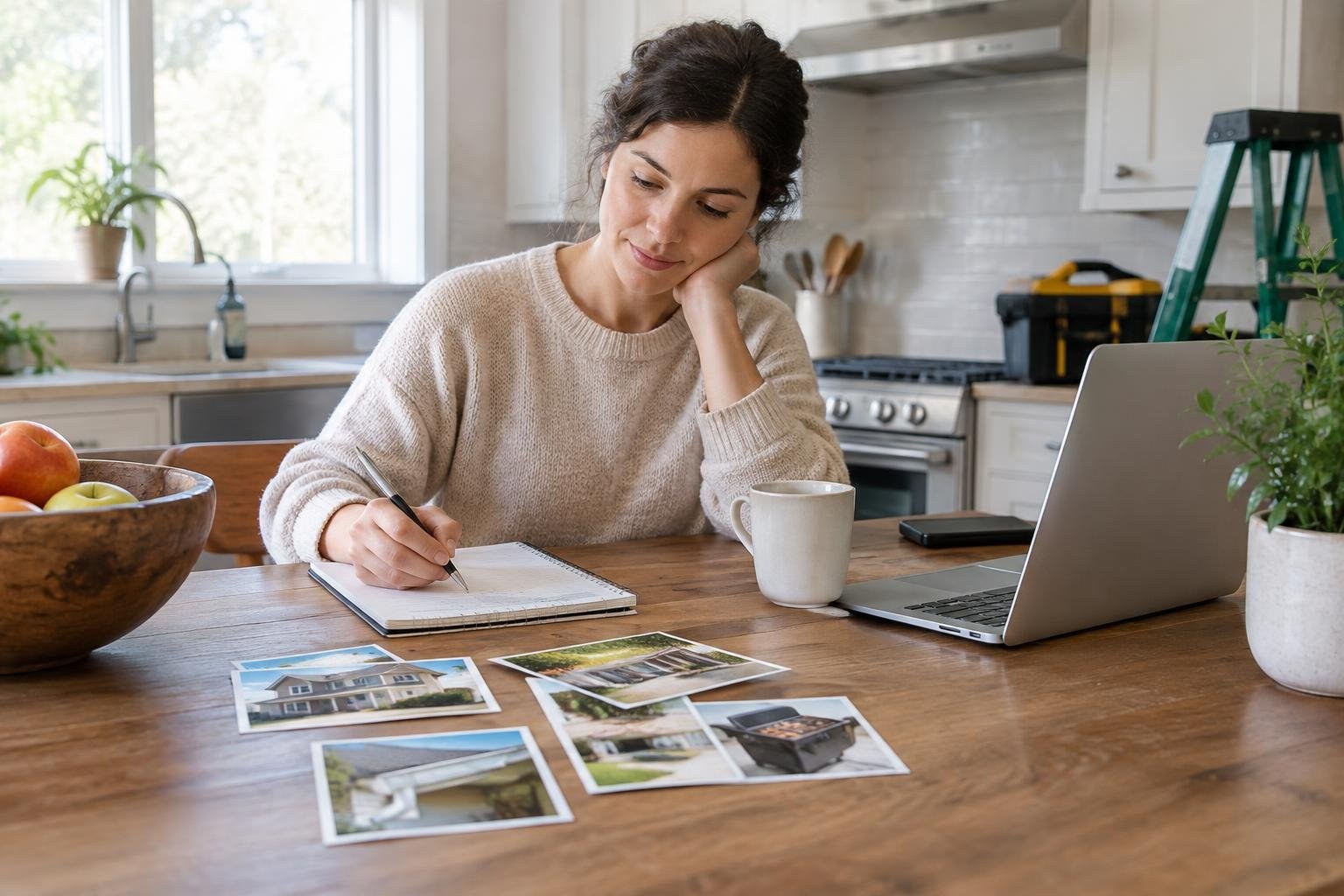 Homeowner planning seasonal and recurring home care tasks A woman sits at a kitchen table, writing in a notebook beside a laptop, mug, fruit bowl, and several printed photographs.