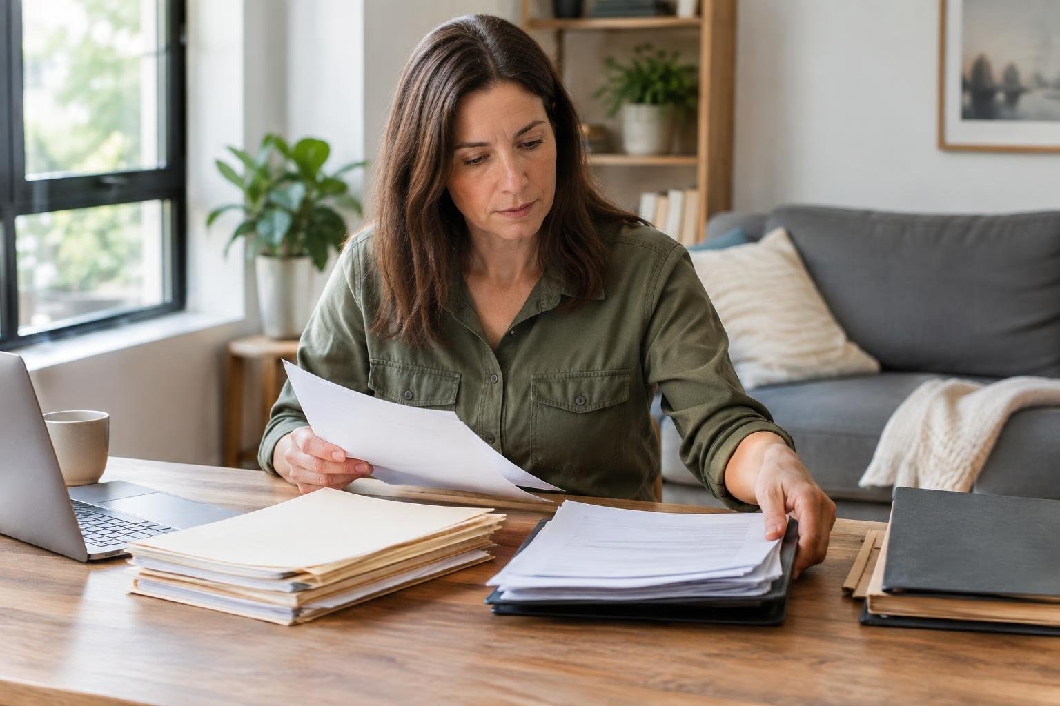 Owner organizing documents before a property management transition A woman seated at a desk reviews papers beside a laptop and stacks of documents in a bright living room.