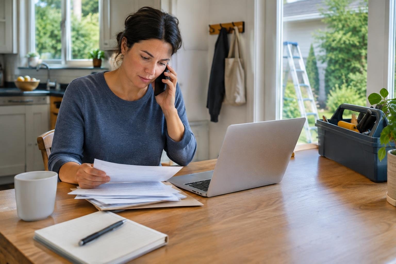 A homeowner organizing vendor bids, appointments, and recurring home maintenance A woman sits at a kitchen table holding a phone to her ear and a sheet of paper, with a laptop and papers in front of her and a toolbox beside her.