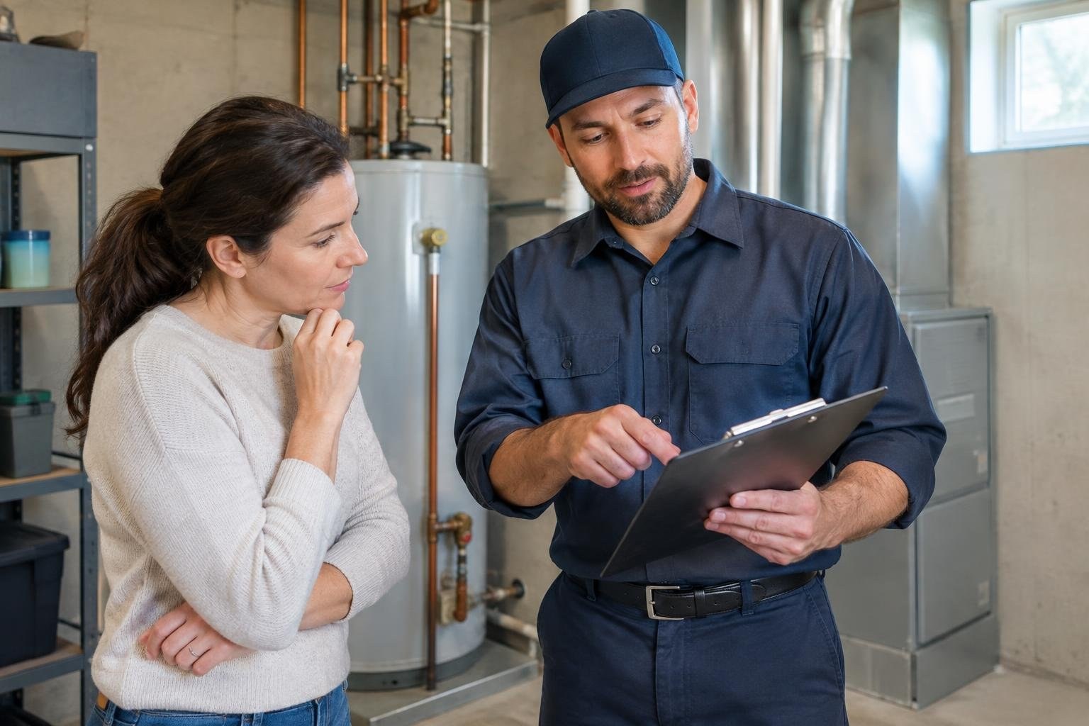A uniformed technician points to a clipboard while a woman looks on in a utility room with pipes and large equipment.