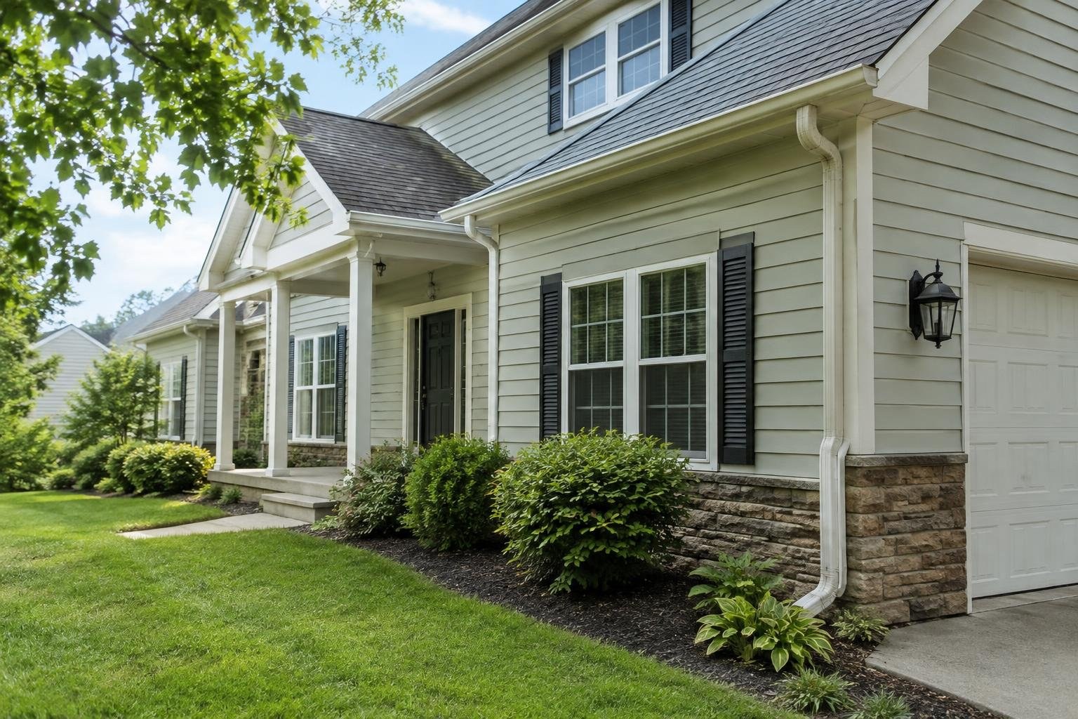 A light-colored two-story house with a covered porch, dark shutters, stone foundation, and attached garage stands beside a green lawn and landscaped shrubs.