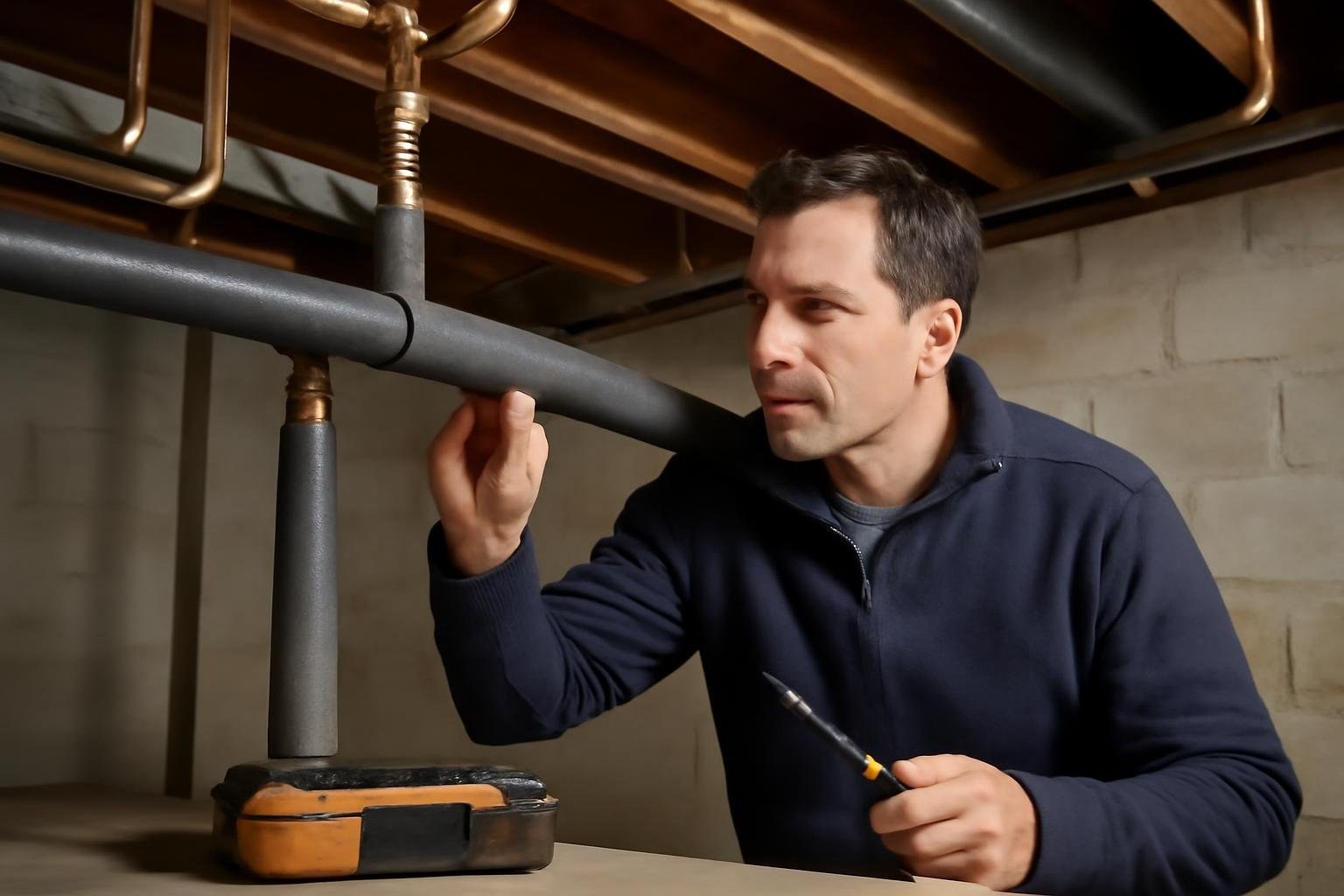 Exposed plumbing and pipe insulation in a basement Homeowner checking an insulated pipe in a basement as part of a winter maintenance checklist