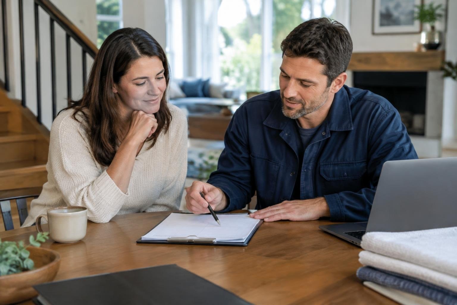 A homeowner and manager reviewing household priorities, service schedules, and a property checklist A woman and a man sit at a table in a bright home, looking at a clipboard as the man writes; a laptop, mug, and folded towels are nearby.
