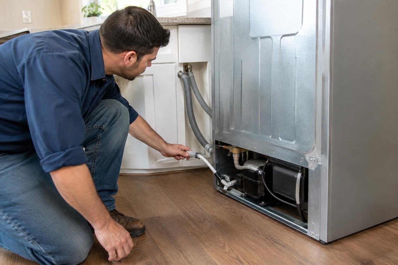 A man kneels on a kitchen floor and reaches toward a hose behind a large appliance with its rear panel exposed.