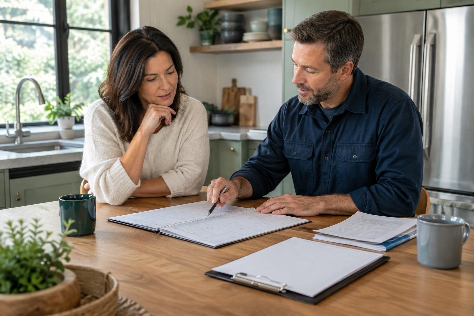 A homeowner and house manager reviewing a home maintenance calendar and vendor list A woman and a man sit at a kitchen table, looking over a planner as the man points to it with a pen; papers and mugs are on the table.