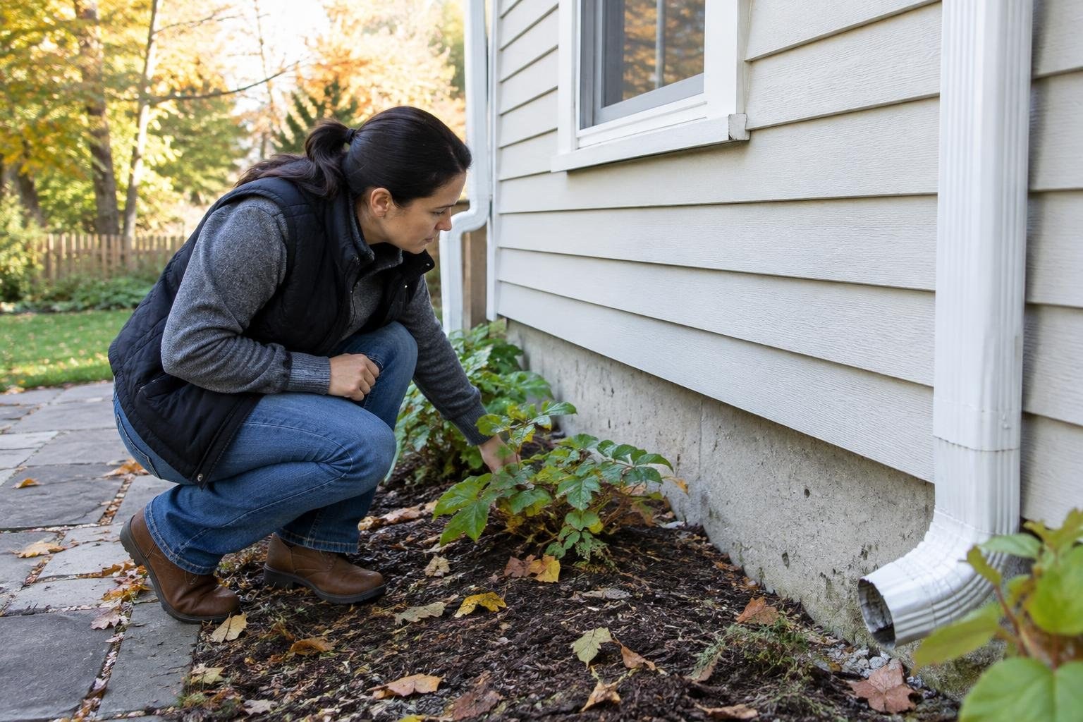 A woman crouches beside a house, examining plants growing along the foundation near a downspout.