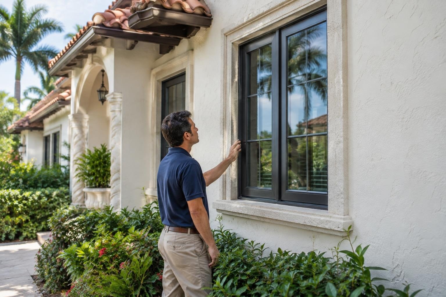 A man stands beside a stucco house, touching the frame of a dark window while looking at it; shrubs and palm trees surround the house.