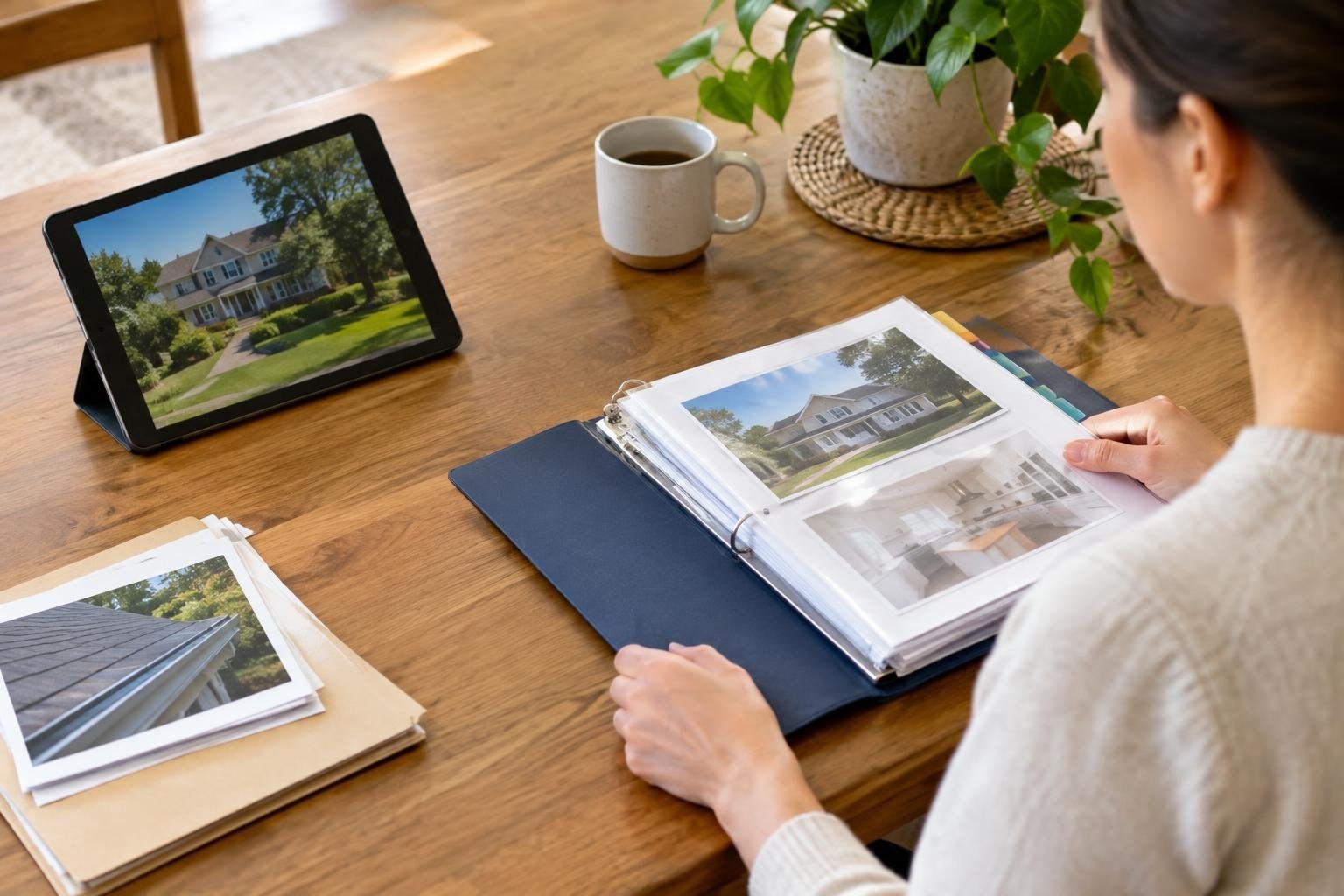 A person at a wooden table compares a house photo on a tablet with printed photos in an open binder, beside a mug and potted plant.