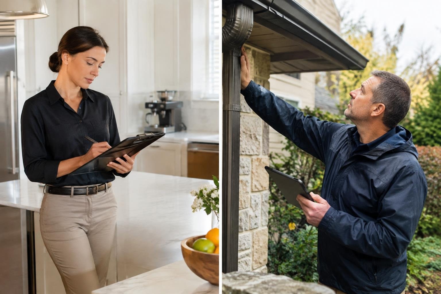 A woman writes on a clipboard in a bright kitchen while a man outside examines a house gutter and holds a tablet.