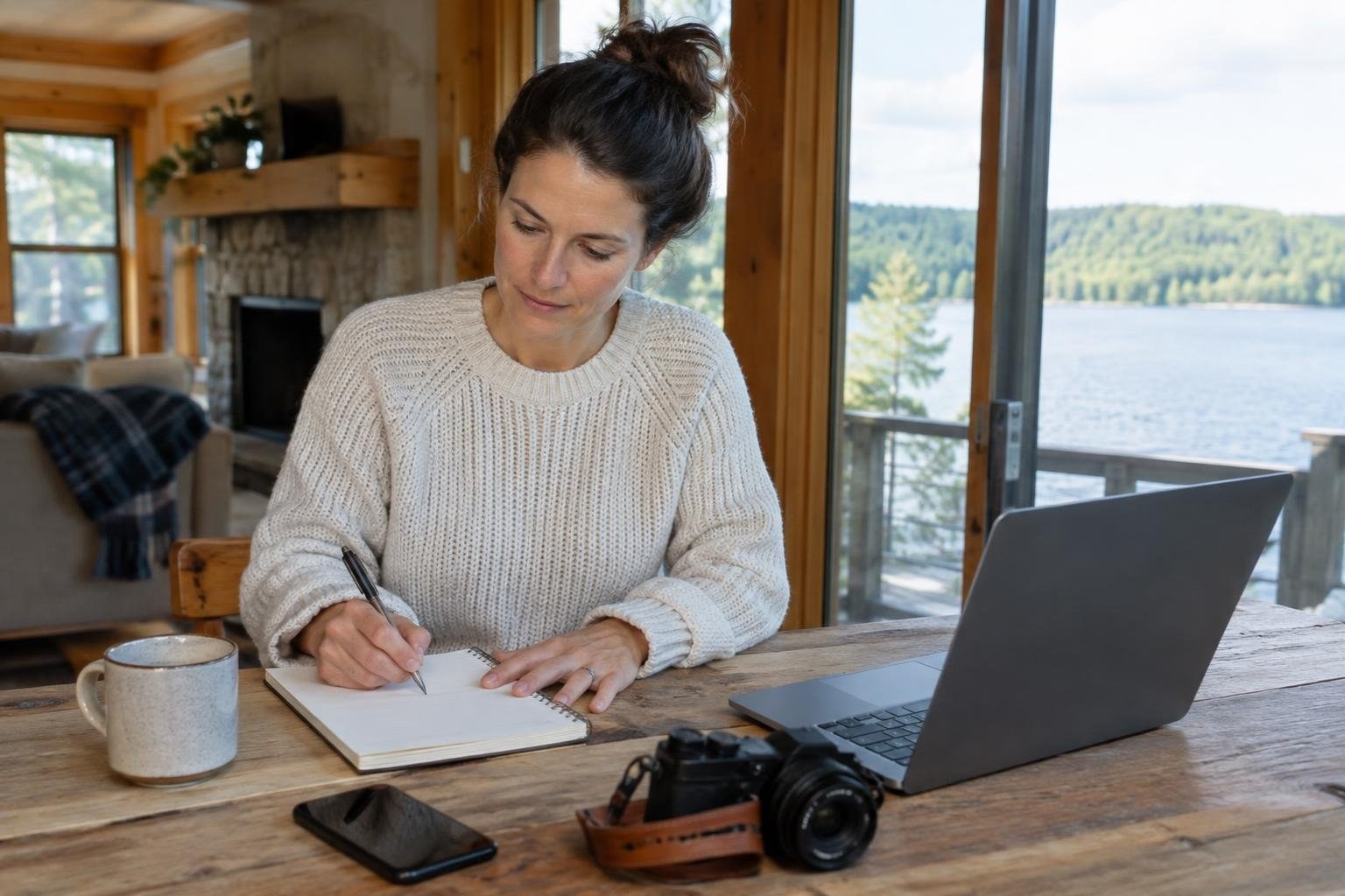 A homeowner organizing second-home ownership tasks A woman in a white sweater writes in a notebook at a wooden table beside a laptop, mug, phone, and camera, with a lake visible through the windows.