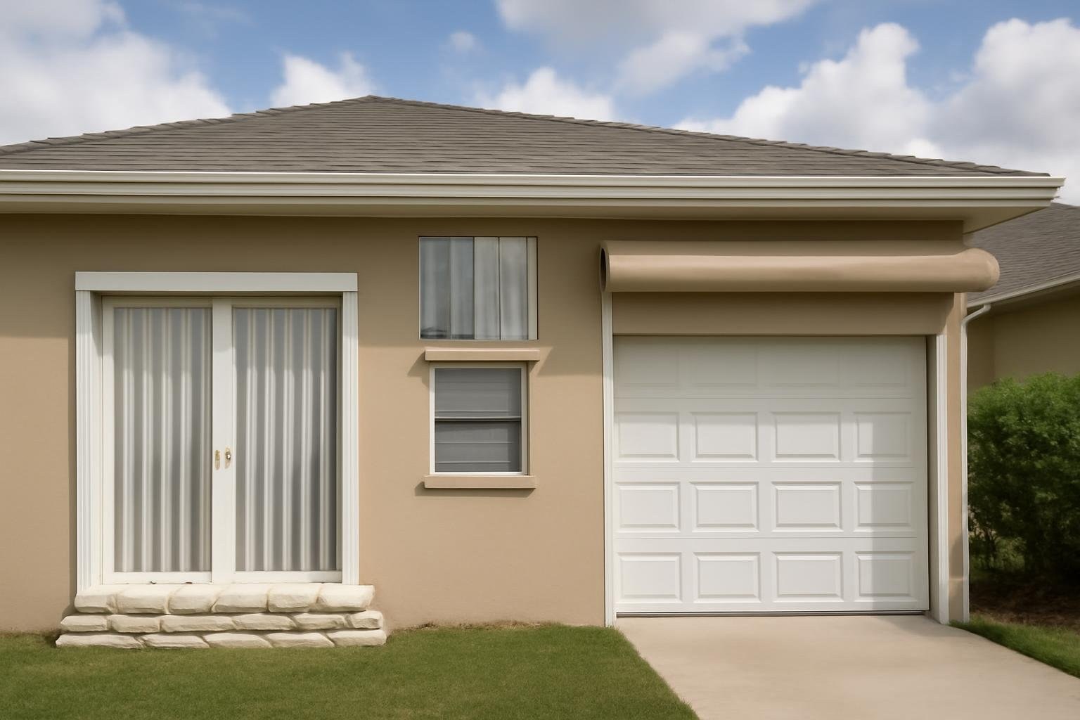 Exterior home showing multiple severe-weather protection measures Home with impact-rated windows and storm shutters prepared for severe weather