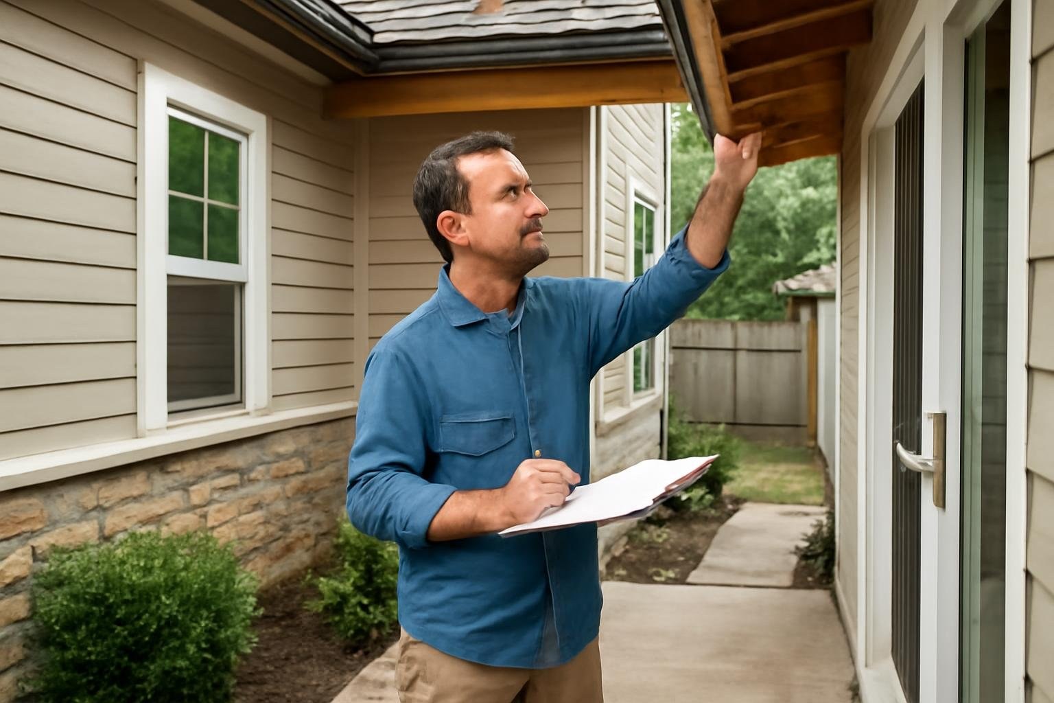Homeowner with a checklist inspecting visible areas inside and outside a home Homeowner reviewing a seasonal home maintenance checklist during a home inspection