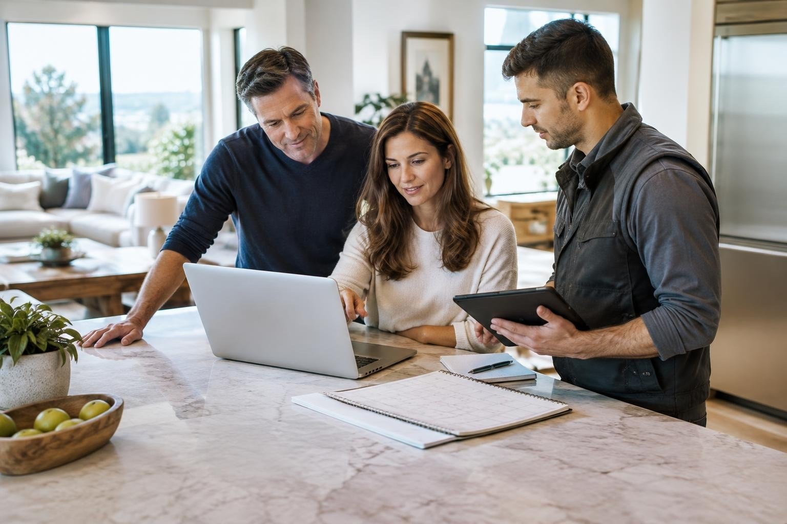 A clear project overview with calendar, work requests, and property notes Three adults gather around a laptop and tablet at a marble counter in a bright, modern home, with a large open notebook in front of them.