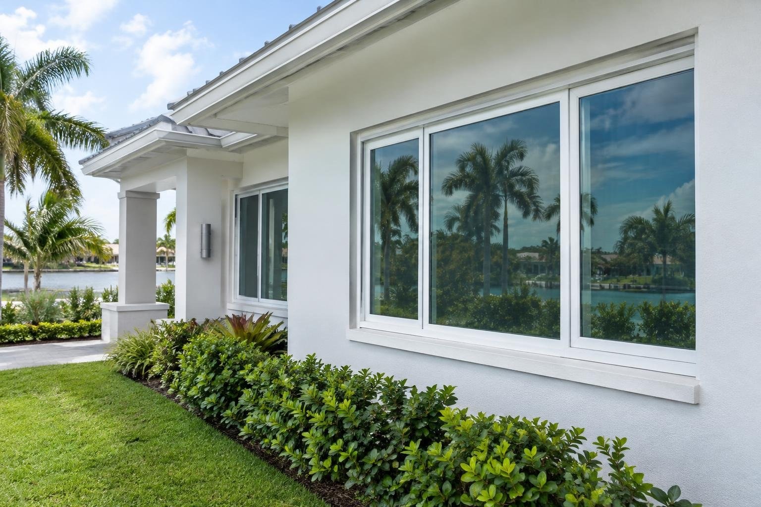 A white house with large reflective windows overlooks a palm-lined waterway, with trimmed shrubs and a green lawn along its exterior.