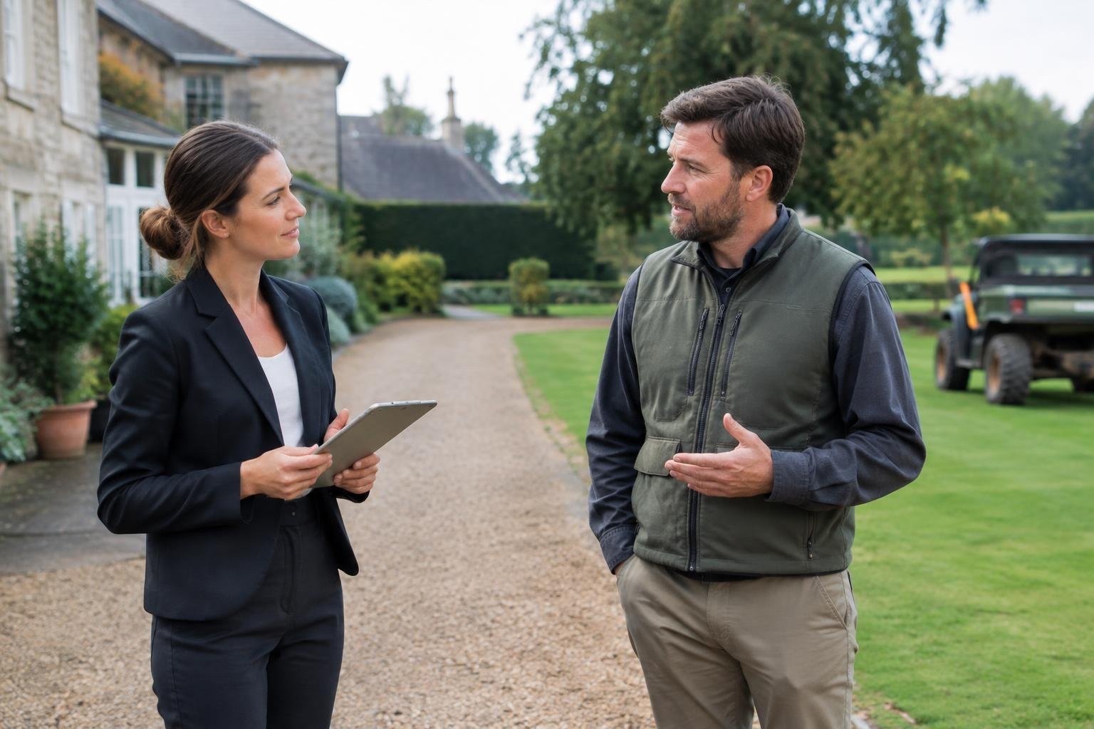 A woman holding a tablet talks with a man who gestures beside a gravel drive on landscaped grounds, with a stone house and utility vehicle nearby.