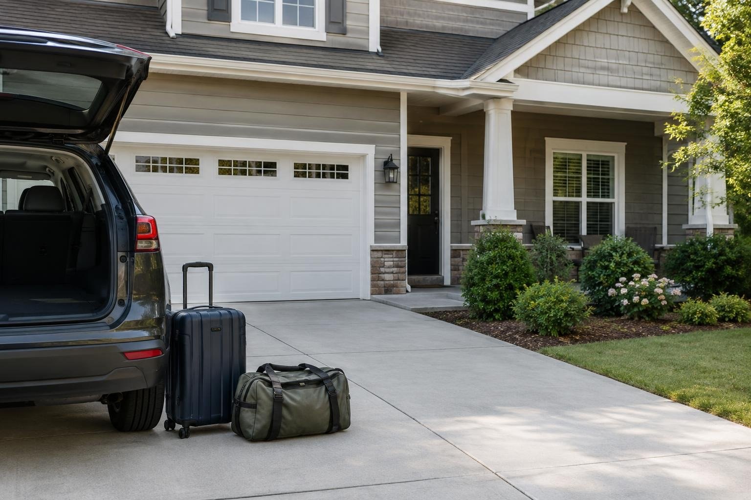 An open SUV is parked in the driveway of a two-story house, with a rolling suitcase and duffel bag beside it.